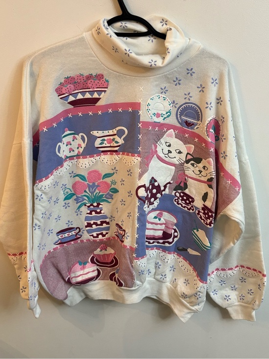 Vintage Sweaters - Vintage Cream Cat & Tea Party Print Turtleneck Sweater medium